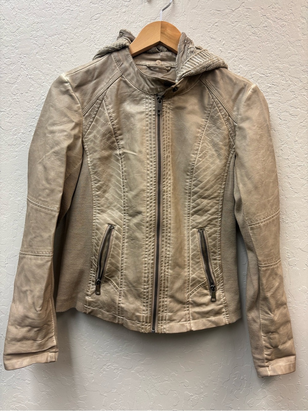 New w tags Maurice’s Cable Knit Hooded Faux Leather Jacket. Size small